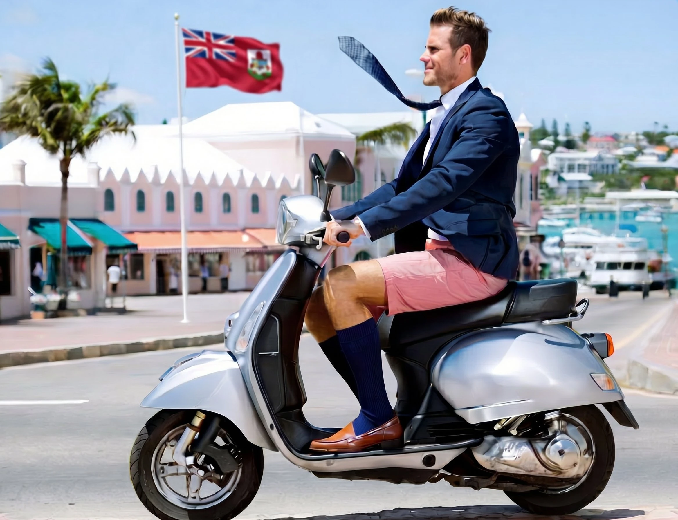 Mann mit Bermuda Shorts fährt auf einem Scooter